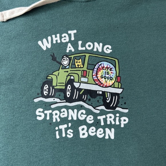 Life Is Good Green Hoodie Jeep "What A Long Strange Trip Its Been" Mens Sz Large - Picture 3 of 9